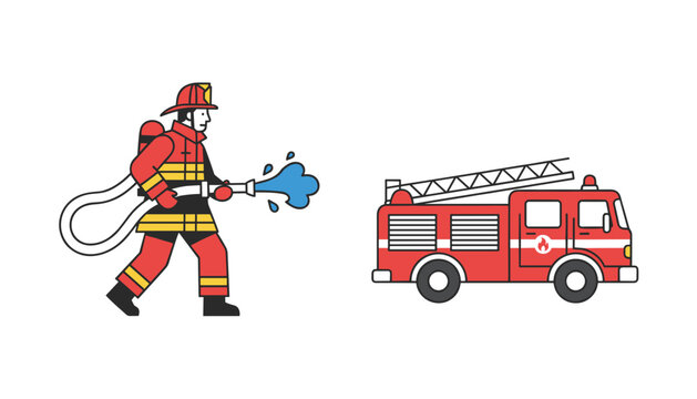 Action-oriented color illustration of a firefighter spraying water from a hose next to a red fire truck engine.