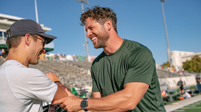 Personal trainer and client partner outdoors in a desolate empty stadium, the trainer demonstrating a resistance band technique while the client mirrors the movement, the echoing space amplifying th