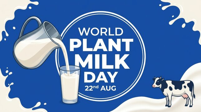 World Plant Milk Day 22nd Aug vector graphic banner with milk jug, glass, splash, and plant leaf icon