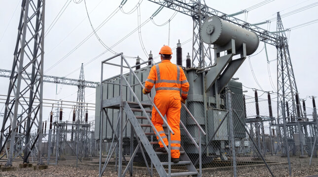 utility worker in protective suit climbing high voltage power grid tower staircase industrial electrical maintenance safety gear lineman technician energy infrastructure blue sky risk job heroic profe