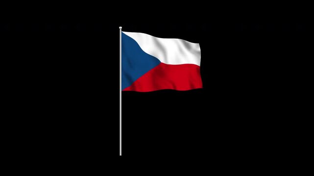 Animation of the Czech Republic flag fluttering on a flagpole against a transparent background in 4K
