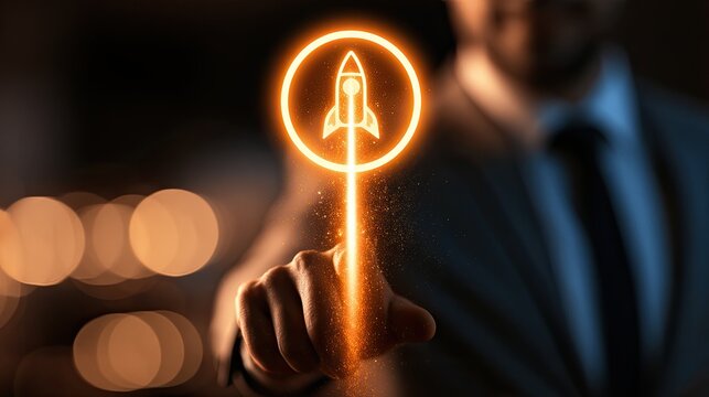 Businessman launching a glowing rocket icon with a fingertip, symbolizing success