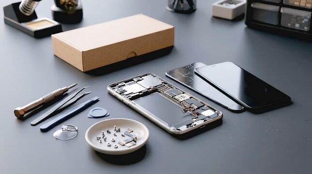 Smartphone repair and electronics maintenance workspace with tools and disassembled phone parts.