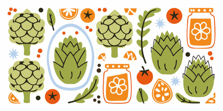 Artichoke Pattern With Citrus And Floral Jars Vector Illustration