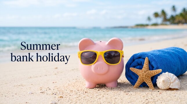 Summer bank holiday travel savings, pink piggy bank with sunglasses on tropical beach, vacation budget and financial planning concept