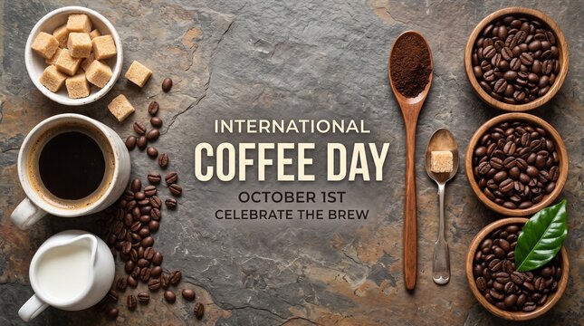 International Coffee Day banner, October 1st celebration with roasted beans and espresso. Rustic cafe flat lay on stone background.