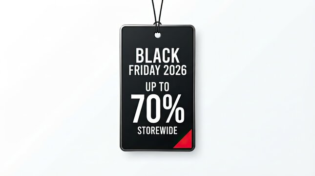 Black Friday 2026 sale tag illustration featuring up to 70 percent storewide discount on a black price label with red accent, vector graphic banner for seasonal shopping events and retail promotion