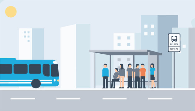 Group of diverse commuters waiting at a modern city bus stop as a blue public transport bus approaches.