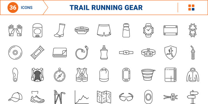 Trail Running Gear line icon set. Vector pictograms of footwear, hydration, navigation, and apparel elements, thin linear illustration.