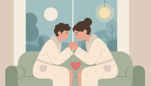 Romantic couple in cozy bathrobes holding hands on a sofa in a spa retreat and love concept illustration.