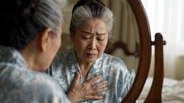 Senior Asian woman with chest pain, looking at her reflection in a bedroom mirror.