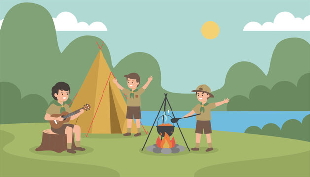 Cheerful school boy scouts enjoying outdoor camping activities with tent, campfire cooking, and playing ukulele.