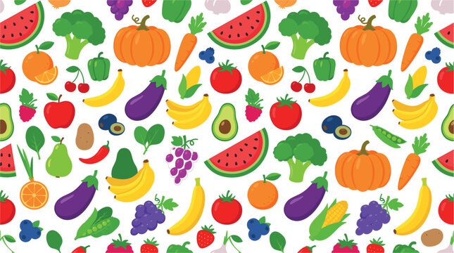 Seamless pattern background with fresh fruits and vegetables including watermelon pumpkin banana tomato broccoli and carrot flat vector illustration