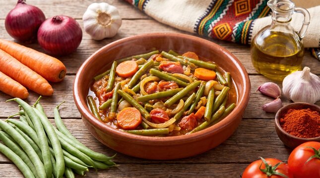 Homemade Ethiopian Fasolia green bean and carrot stew served in a clay bowl with fresh ingredients.