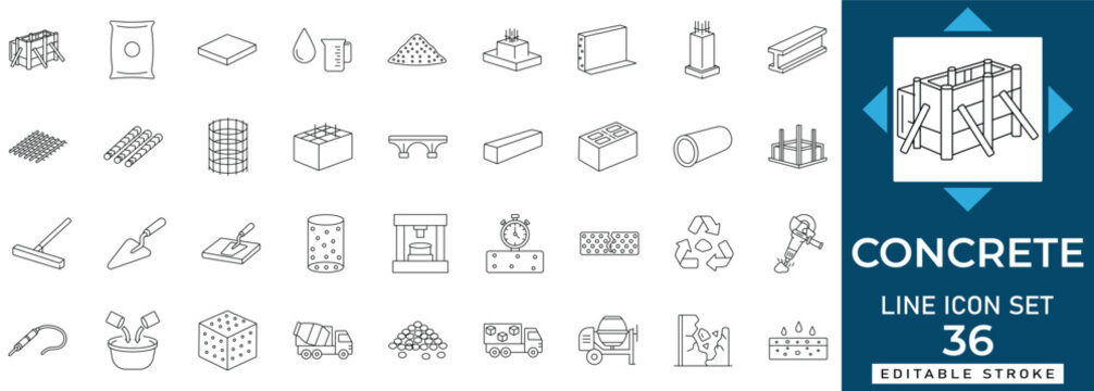 Concrete and cement line icon set featuring mixer, rebar, foundation, mortar, and block. Professional editable vector illustration for modern UI UX design