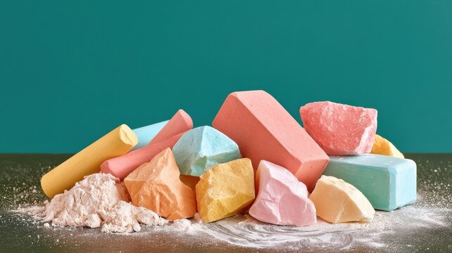 Pile of broken coloured chalk sticks and tactile powder. Still life macro shot against green background