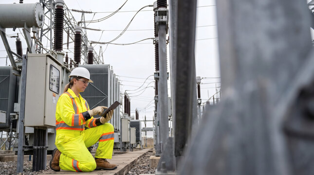 female electrical technician inspecting high voltage power substation woman engineer in safety gear industrial energy infrastructure documentary photo professional electrician off center with copy spa