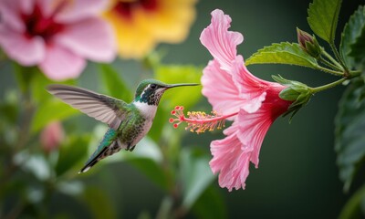 Naklejka premium Hummingbird in flight, feeding on pink hibiscus flower. Surrounded by vibrant flowers