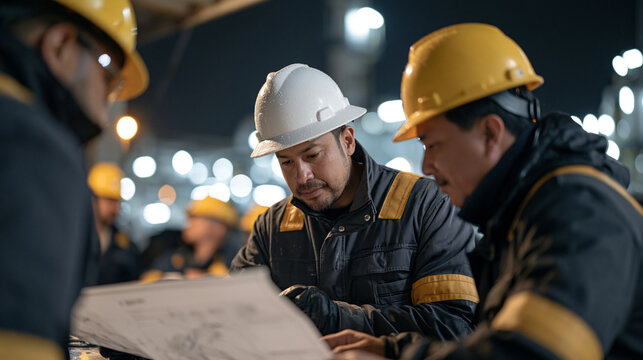 Petroleum engineers in rain soaked nighttime streets outside a refinery, large crowd scene of workers in hard hats reviewing printed lunar base infrastructure blueprints under