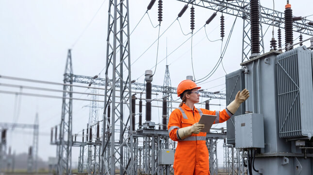 female electrical technician in high visibility safety gear inspecting high voltage power substation infrastructure professional industrial documentary photography for women in energy careers electric