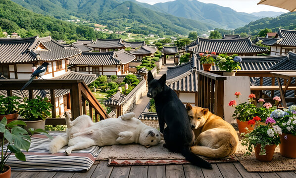 Jindo dogs in front of the hanok caf&eacute;