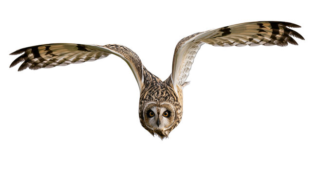 Short-eared owl in flight wings spread wide, front view