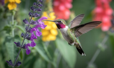 Naklejka premium Hummingbird in flight, near purple sage flower