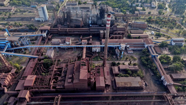 Aerial view of Smederevo Steelworks with industrial infrastructure, tall smokestacks, and complex pipe networks, Smederevo, Podunavlje District, Serbia.