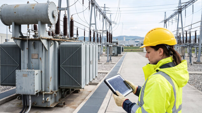 female power grid engineer in safety gear inspecting transformer at electrical substation industrial energy technology