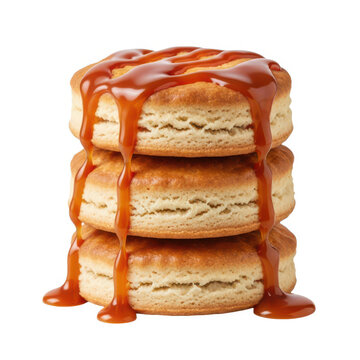 Stack of chocolate-dripped macarons isolated on white background