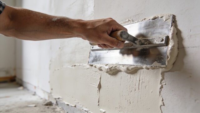 Construction worker applying white plaster compound across interior wall using professional notched trowel during renovation project close up craftsmanship masonry finishing building maintenance repai