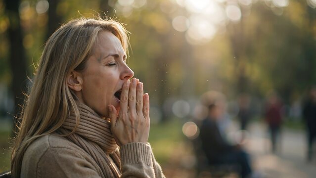 Blonde woman in a beige sweater yawns outdoors during a beautiful golden sunset while covering her mouth with her hands