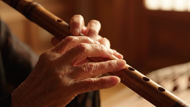 Close-up of wrinkled hands skillfully playing a traditional wooden flute.