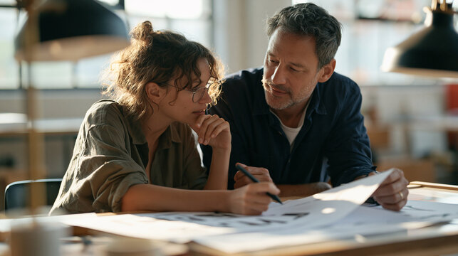 Two typography designers sit close together in early morning studio mist reviewing large printed letterform sheets, couple collaboration in design career, font kerning discussion,