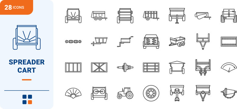Agricultural manure spreader cart line icon set. Vector pictograms of farm, equipment, beater, and apron elements, thin linear illustration.
