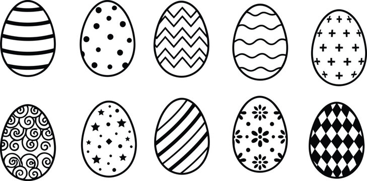 Collection of hand drawn easter eggs with various decorative patterns in black and white