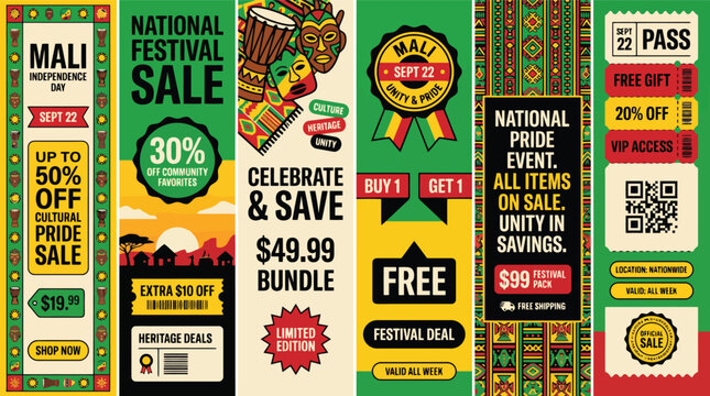 Mali Independence Day sale banners, African heritage festival promotion set, cultural pride marketing ribbons and web headers