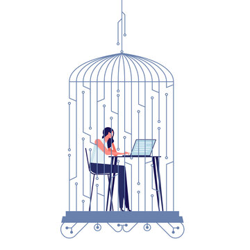 Digital detox and internet addiction bundle concept, businesswoman working on computer in the bird cage, need digital detox. Problems of cyber dependence. Mental burden
