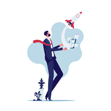 Launching a startup business. Illustration of a man holding a laptop with a rocket launching. launching a new project or idea