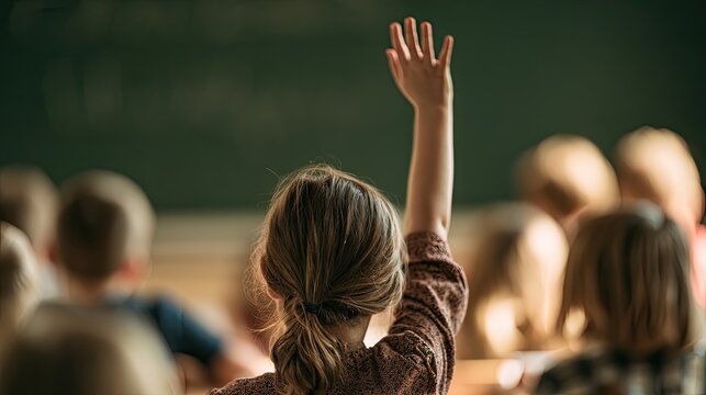 A young student eagerly raises their hand in a classroom