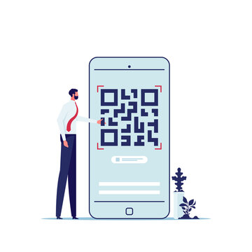 QR code scanning concept. Businessman standing near big mobile phone and scan qr code for payment goods and services