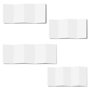 White 4, 5 panel 8, 10 page zig zag concertina fold card. Realistic vector mockup. Open zigzag accordion fold brochure, booklet, leaflet, flyer. Mock-up. Z folded paper sheet. Blank template