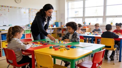 Fototapeta premium Teacher and children learning in a bright classroom