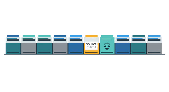 Single Source of Truth Concept Illustration with Document Icons and Legal Scale for Data Integrity and Compliance