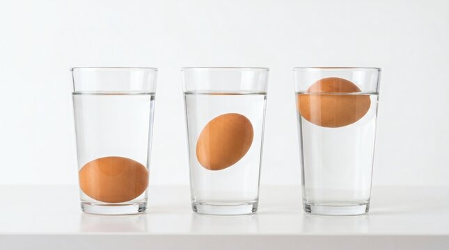 Three eggs in glasses of water demonstrating buoyancy and density.