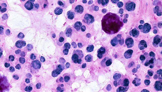 Microscopic view of purple nuclei and pinkish background tissue