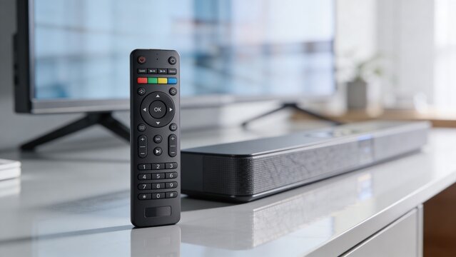 Black television remote standing upright beside modern soundbar smart TV on glossy white media console bright contemporary living room wireless control device home entertainment technology streaming 
