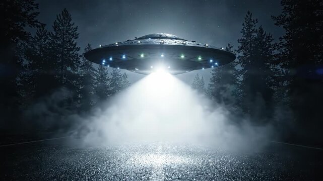 UFO hovering over a dark, misty forest road with a bright light beam.