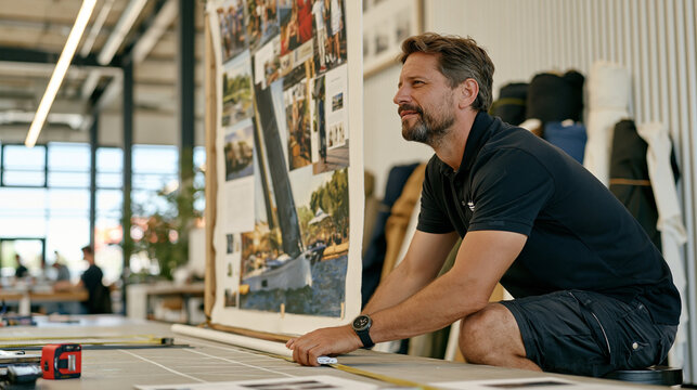Sailmaker stretching heavy canvas across a steel framed industrial loft floor, wide establishing shot of the vast workspace with measuring tape lines chalked on concrete, bolts of fabric stacked alo