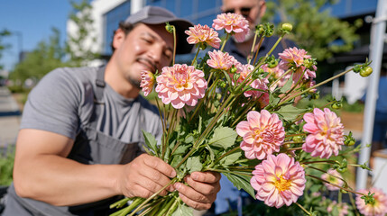 Fototapeta premium Street flower seller arranging fresh bunches at a sterile white exhibition pop-up, viewed from a child's crouching perspective, stems and bloom heads filling the lower frame while adult hands exchan
